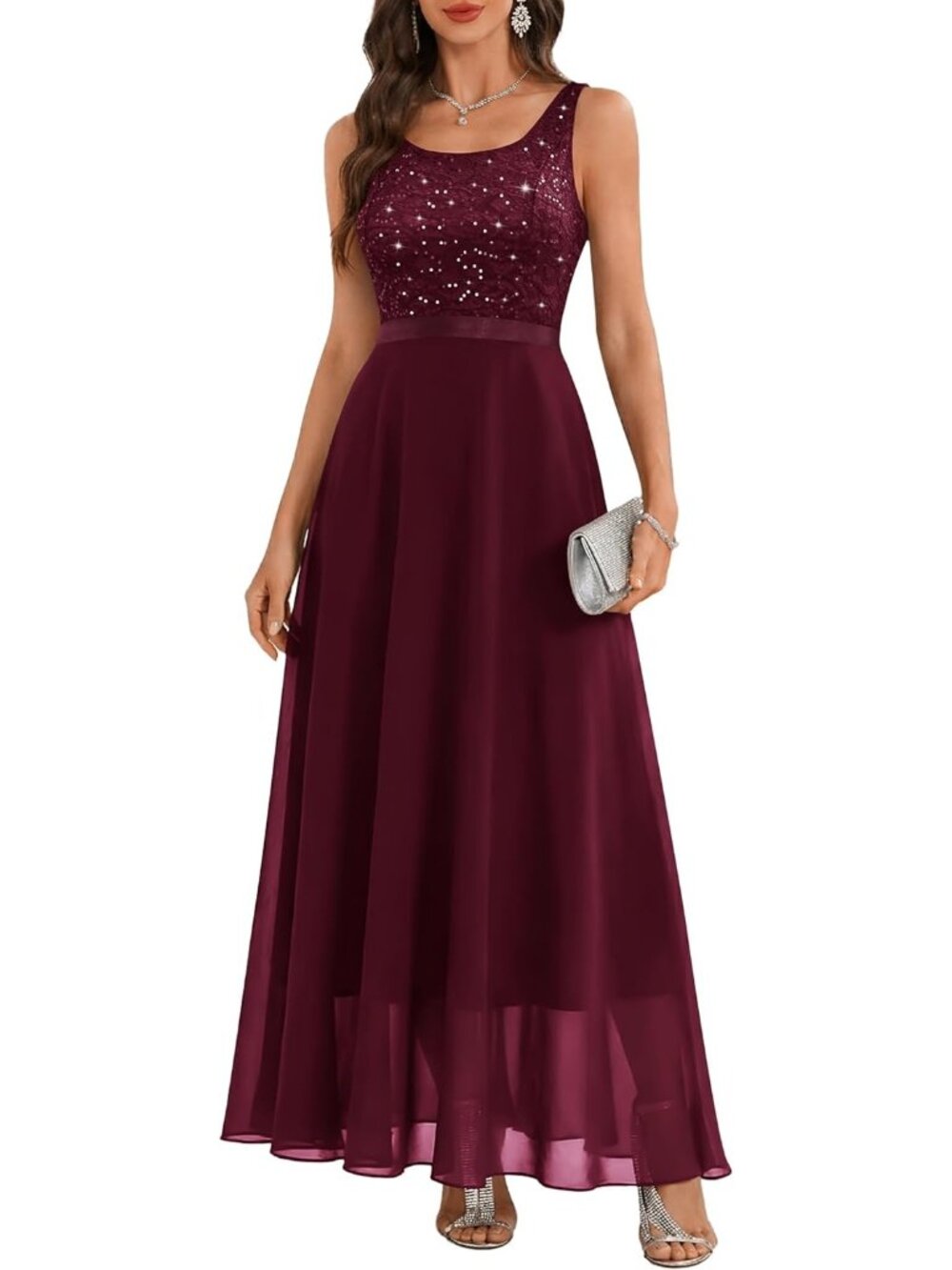 Women's Burgundy A LINE Sequin Silhouette Shimmer Mesh Cocktail Maxi Dress